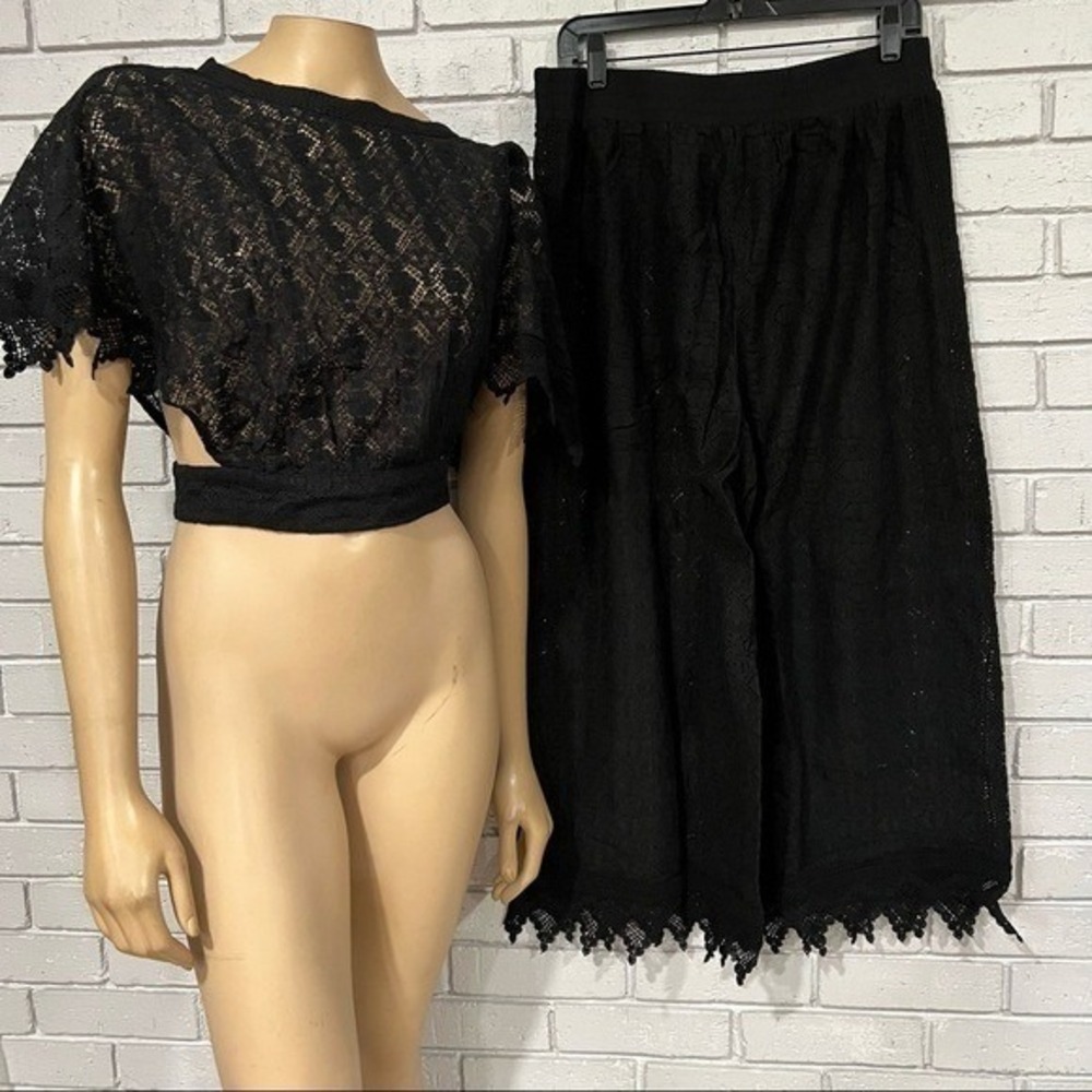 Anthropologie Fauxchet Crochet Two Piece Set Black Boho Crochetcore NWT M